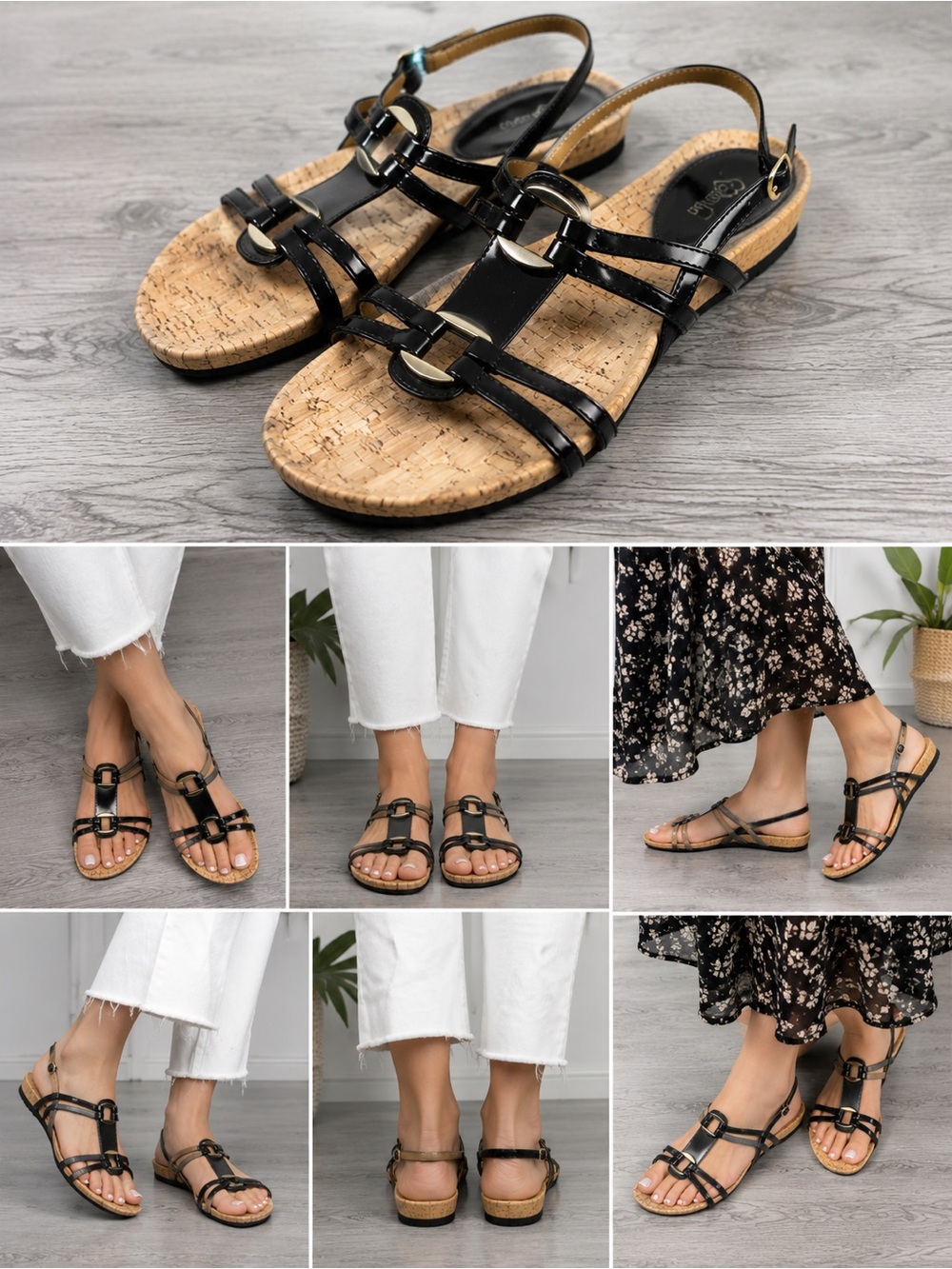 iComfort Black Patent Strappy Cork Sandals Gold Tone Size 8.5 M